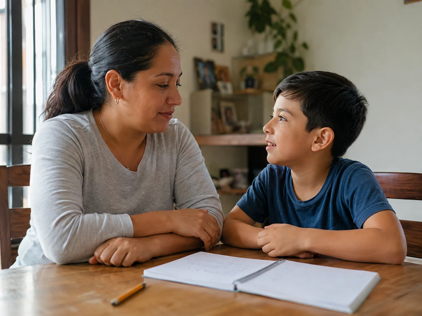 Una madre escucha a su hijo durante una conversación en casa, con un cuaderno abierto sobre la mesa