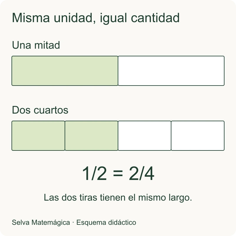 Con tiras iguales, una mitad y dos cuartos ocupan la misma longitud: 1/2 = 2/4.