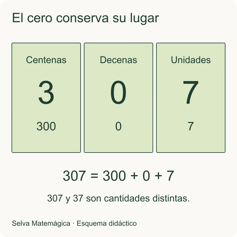 307 tiene 3 centenas, 0 decenas y 7 unidades: 300 + 0 + 7.