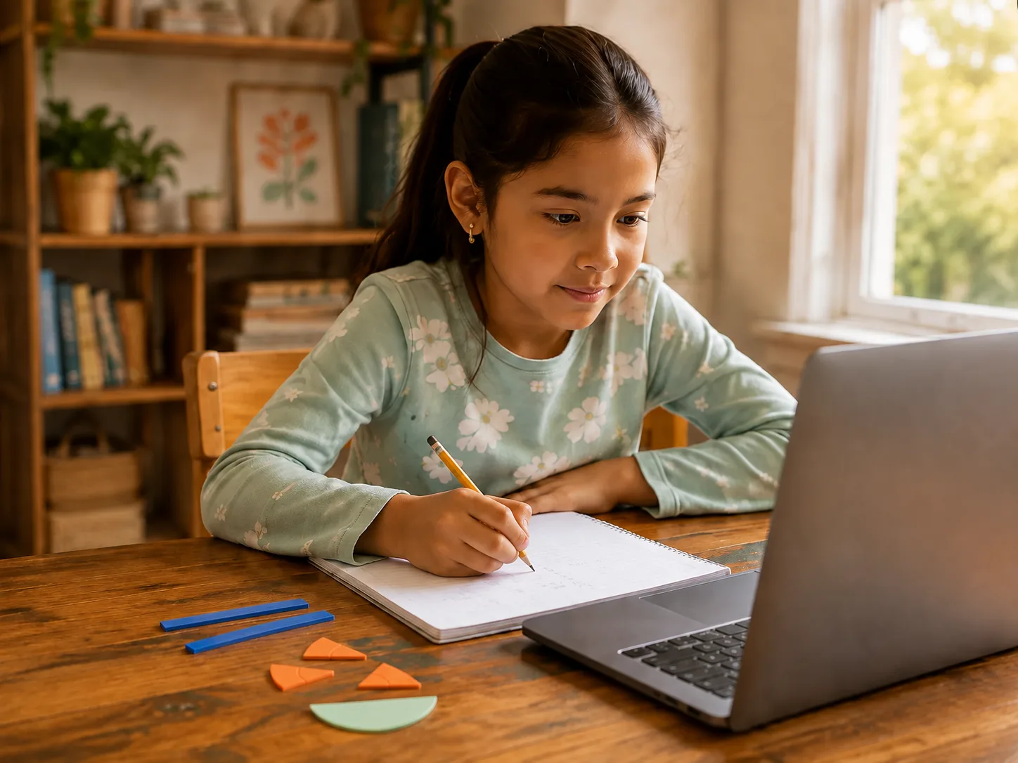Imagen ilustrativa de una niña con cuaderno, lápiz, computadora y materiales de matemáticas a su lado